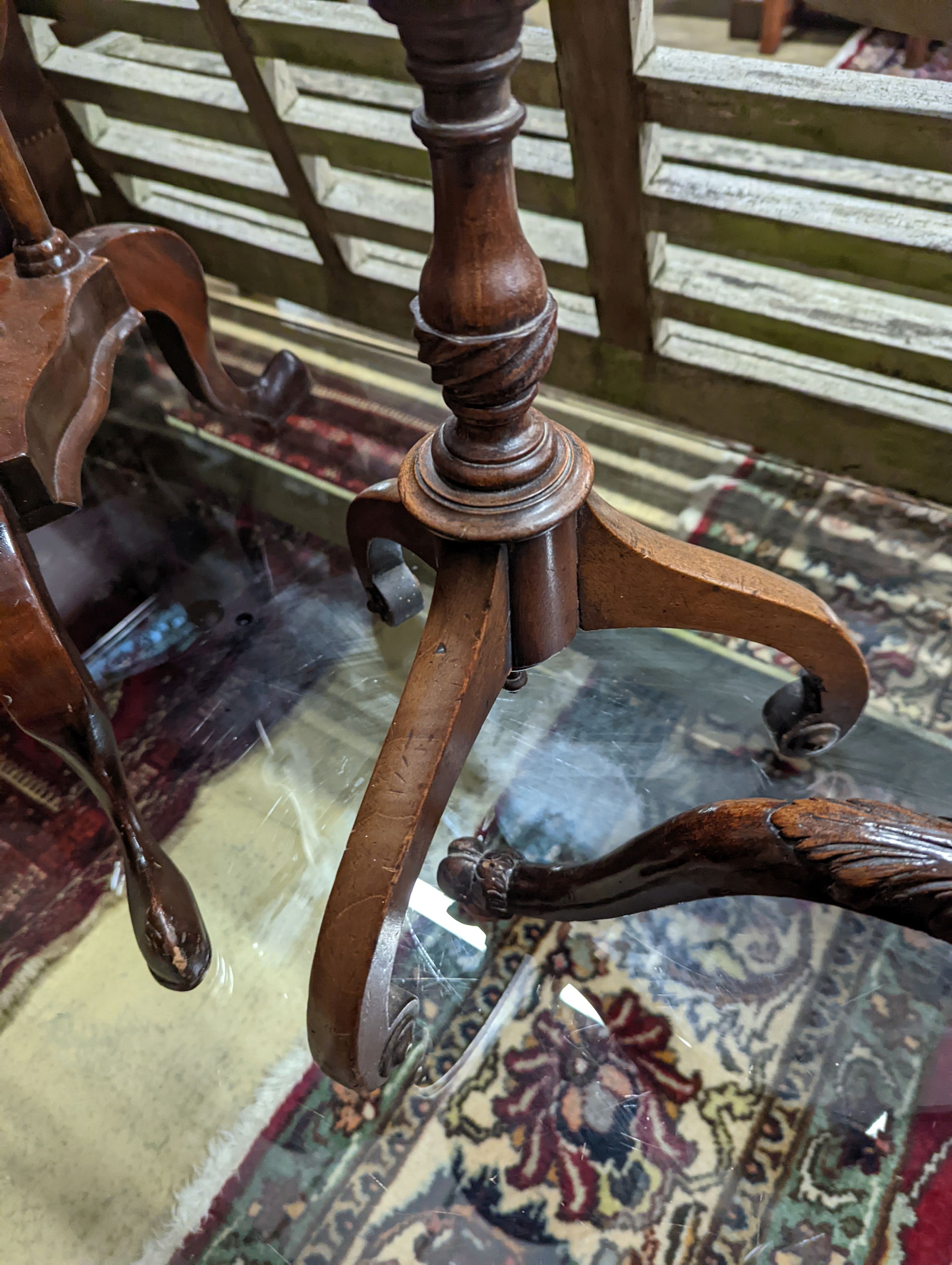 A George I style yew and walnut tripod candlestand, height 97cm, together with one other and a reproduction wash stand